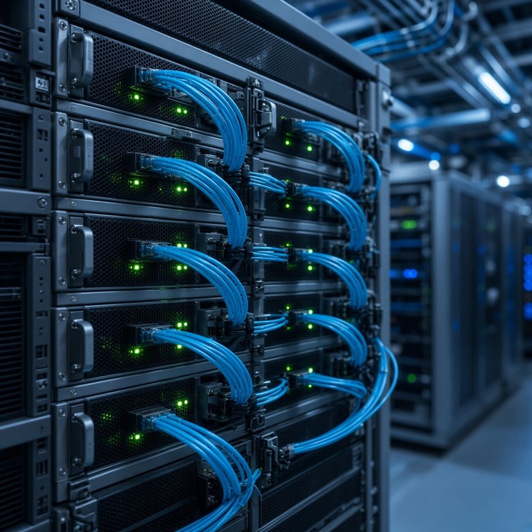 Rows of GPU servers connected by bright fiber cables in a modern European data center